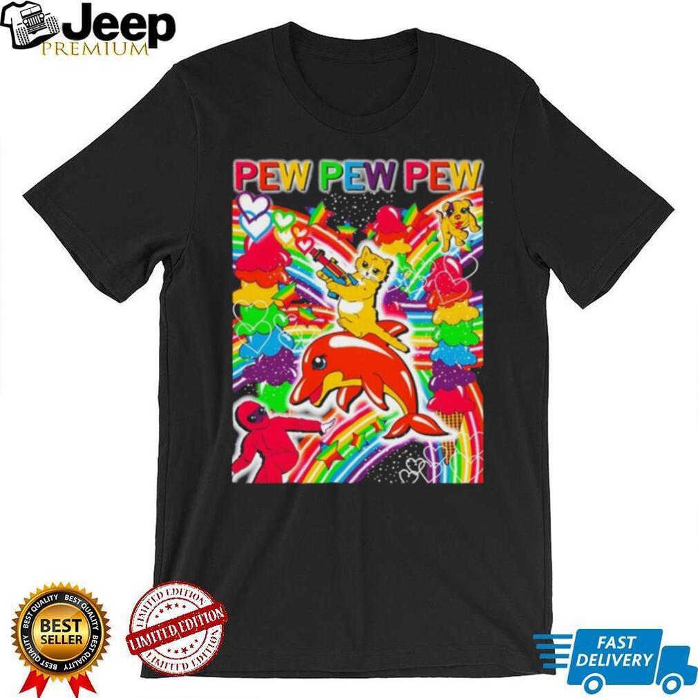 Pew Pew Pew Rainbow Cat Riding Dolphin Vaporwave Aesthetic T Shirt