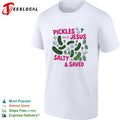 Pickles and Jesus Salty and Saved text with crosses and jar design on a shirt