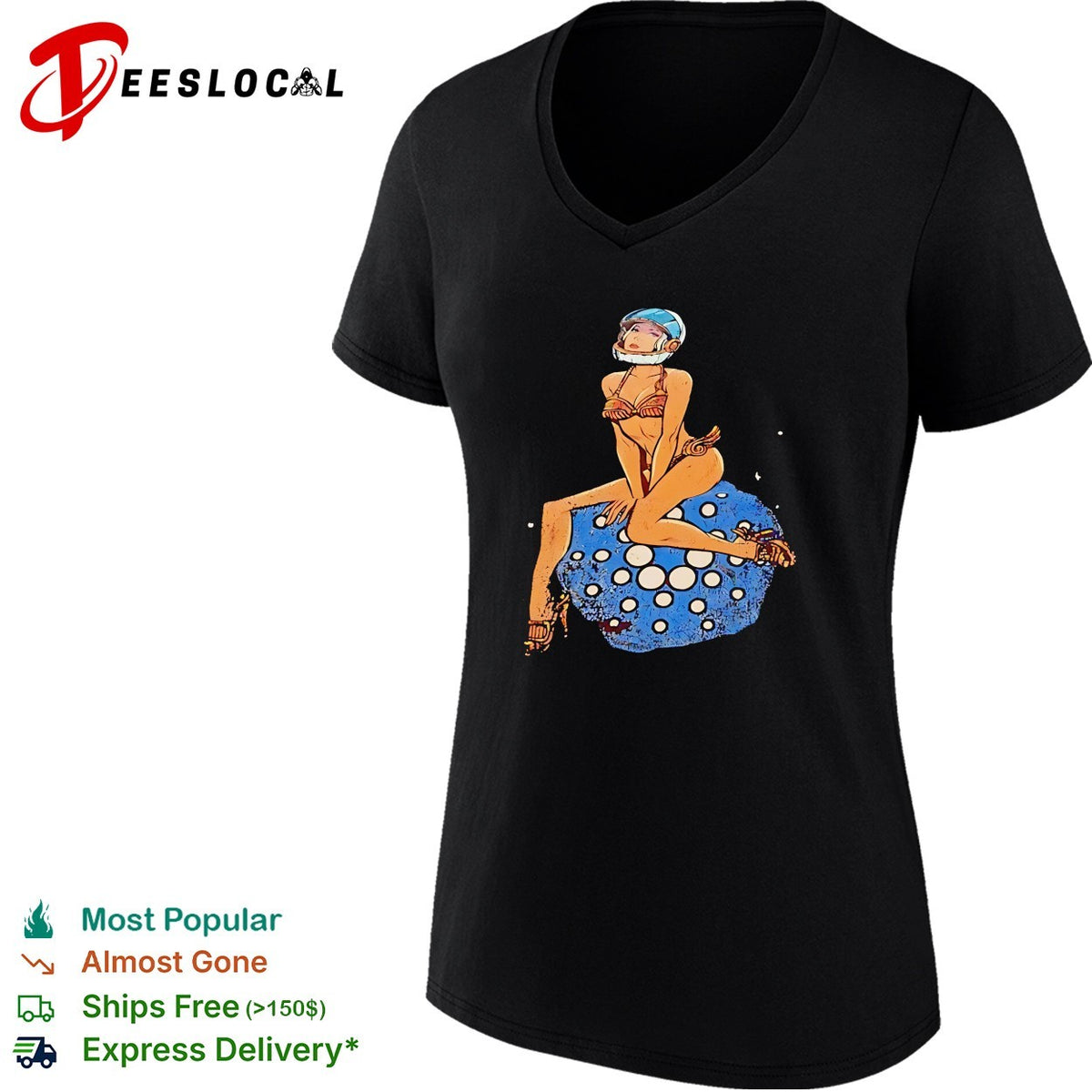 Pinup woman in astronaut helmet sitting on disco ball moon shirt