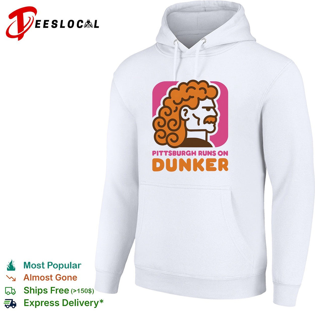 Pittsburgh runs on Dunker curly-haired bearded man profile bold logo parody shirt
