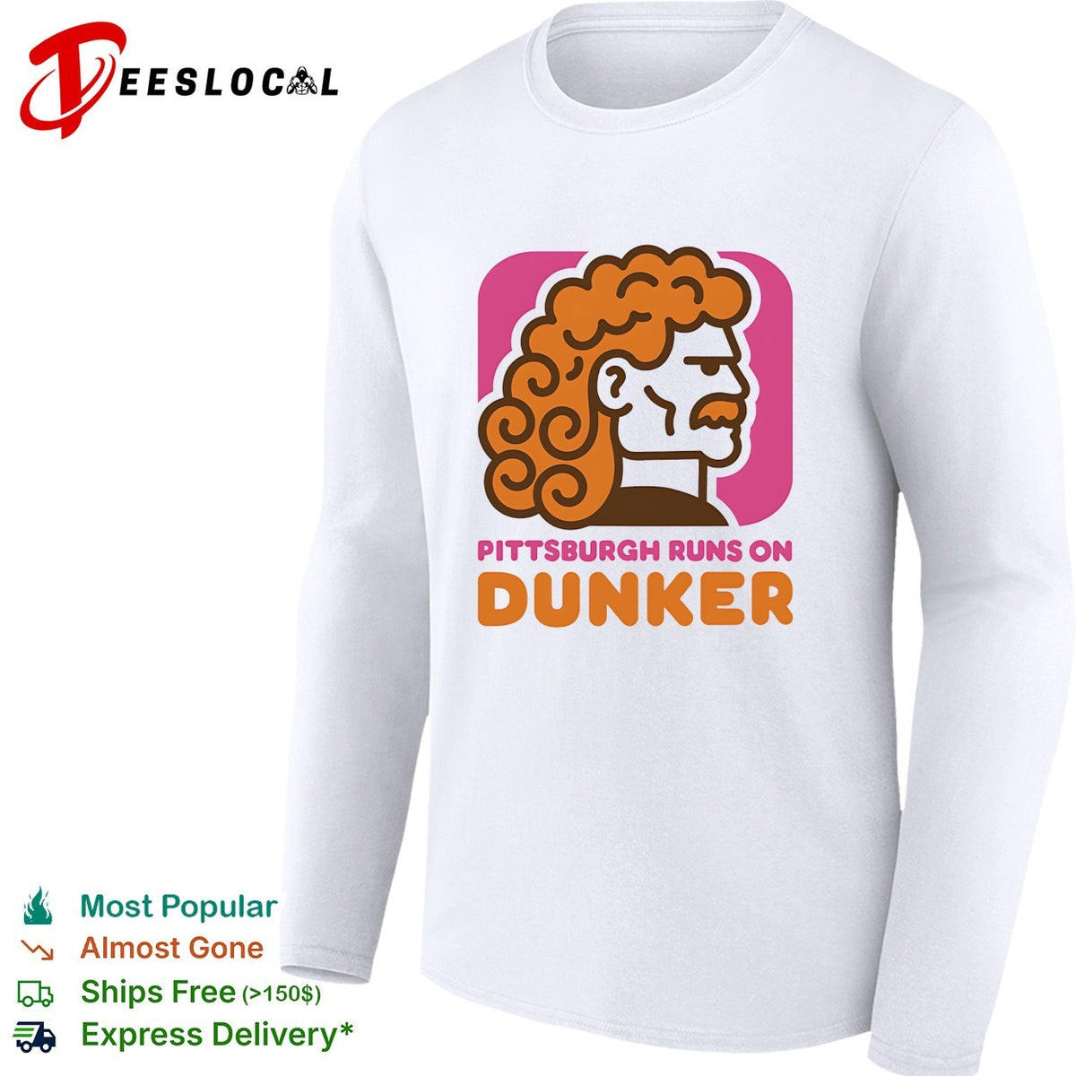 Pittsburgh runs on Dunker curly-haired bearded man profile bold logo parody shirt