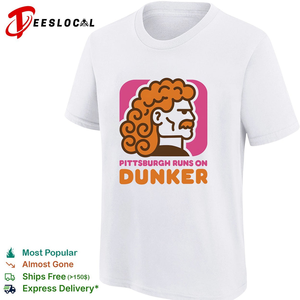 Pittsburgh runs on Dunker curly-haired bearded man profile bold logo parody shirt