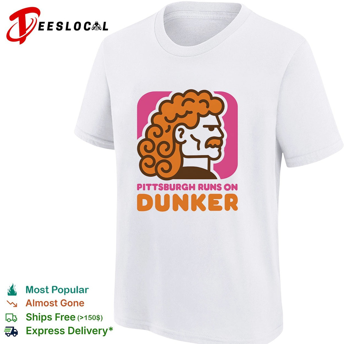 Pittsburgh runs on Dunker curly-haired bearded man profile bold logo parody shirt