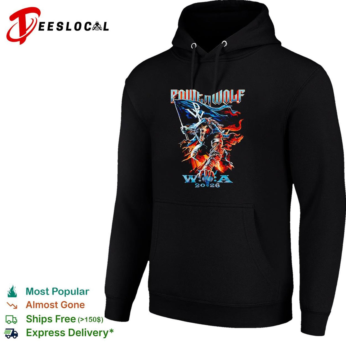 Powerwolf wolf knight holding flag W.O.A 2026 festival illustration poster shirt
