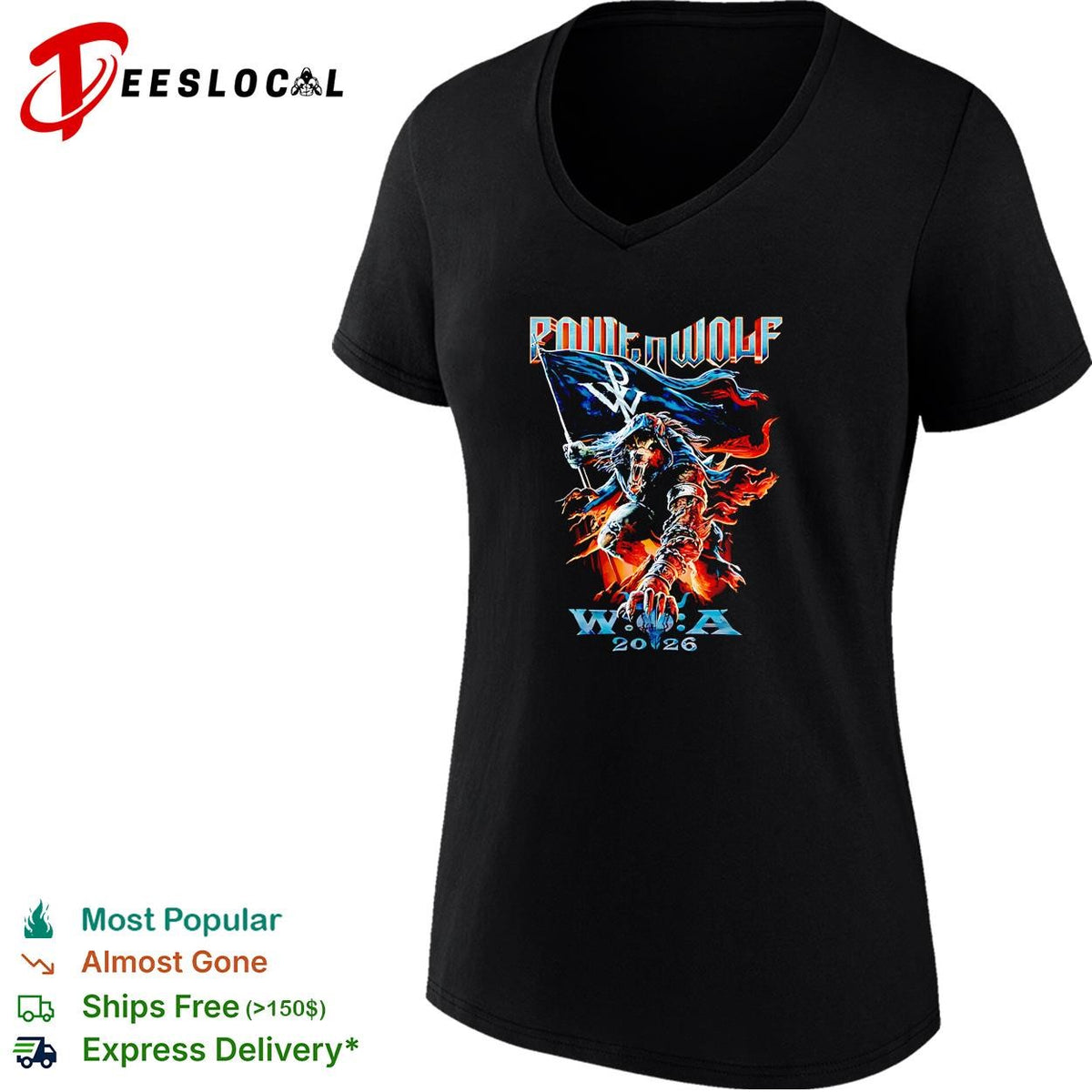 Powerwolf wolf knight holding flag W.O.A 2026 festival illustration poster shirt