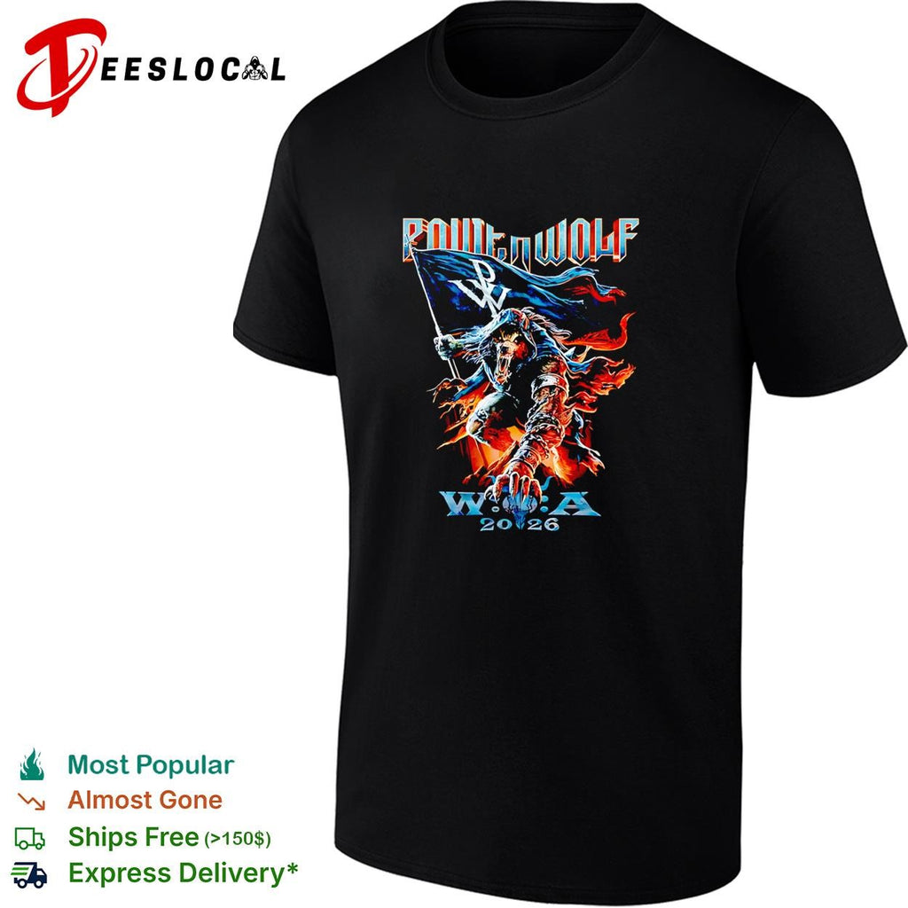Powerwolf wolf knight holding flag W.O.A 2026 festival illustration poster shirt