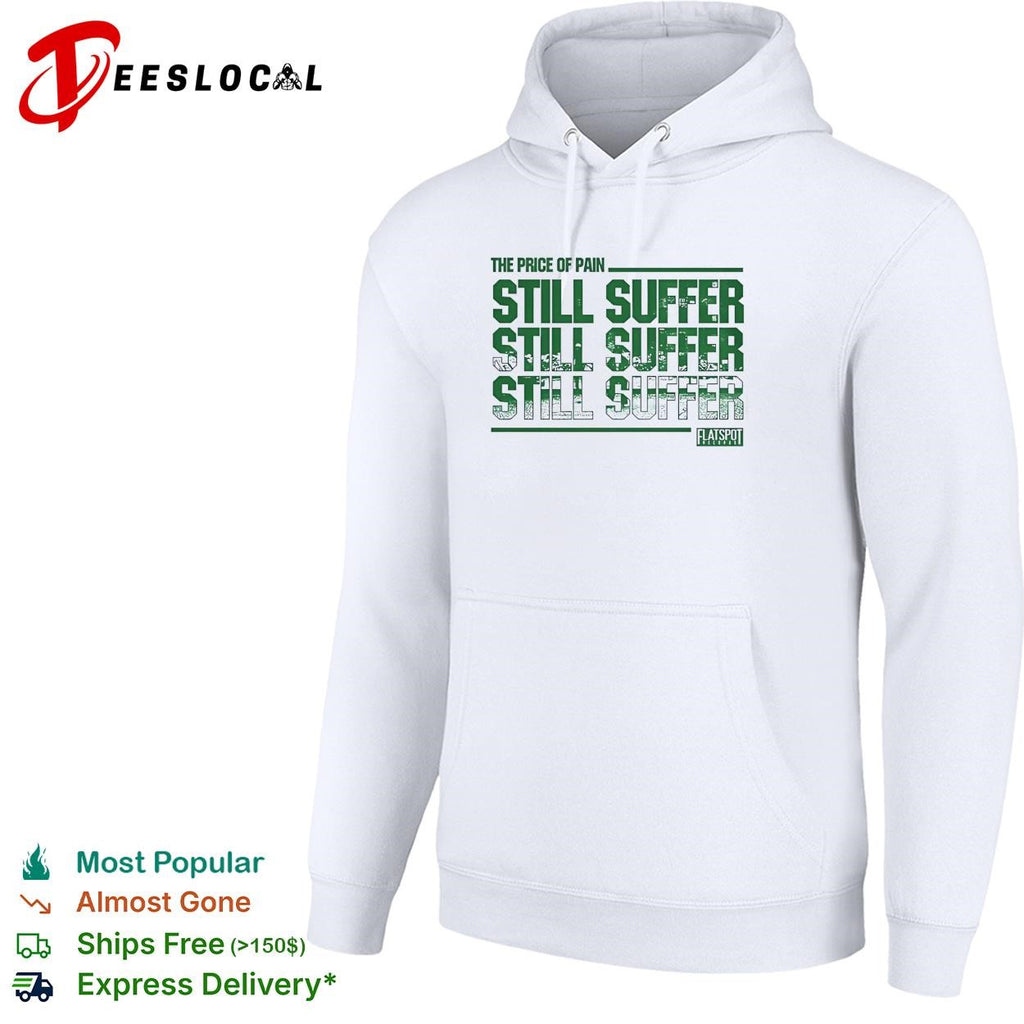 Price of pain bold repeated green distressed text Flatspot Records white shirt
