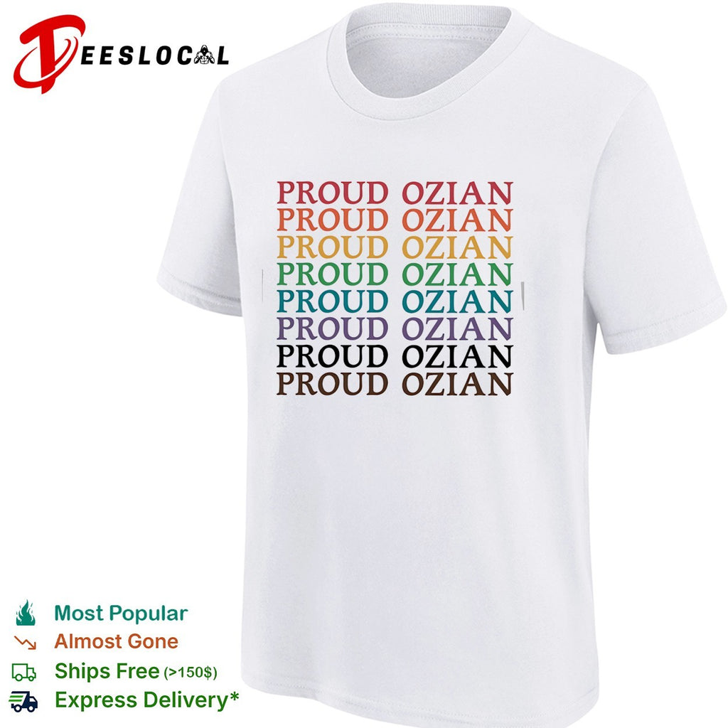 Proud Ozian rainbow multicolor repeated bold text LGBTQ Wizard of Oz fan shirt