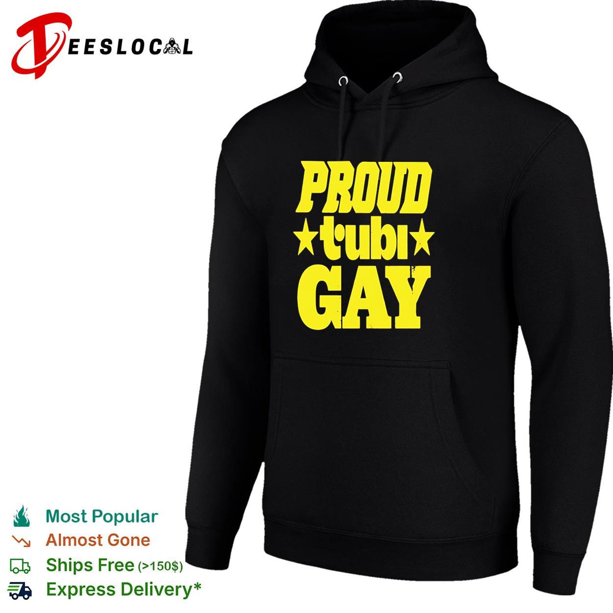 Proud Tubi gay bold yellow lettering with stars text pride graphic shirt