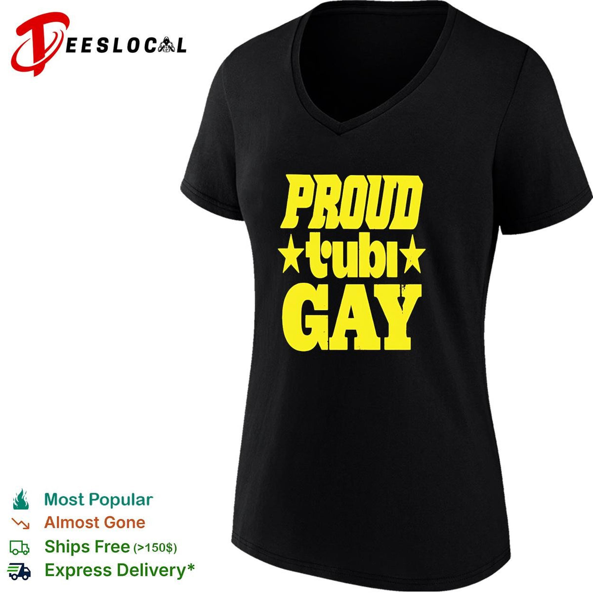 Proud Tubi gay bold yellow lettering with stars text pride graphic shirt