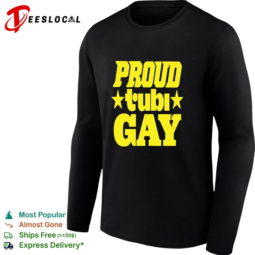 Proud Tubi gay bold yellow lettering with stars text pride graphic shirt