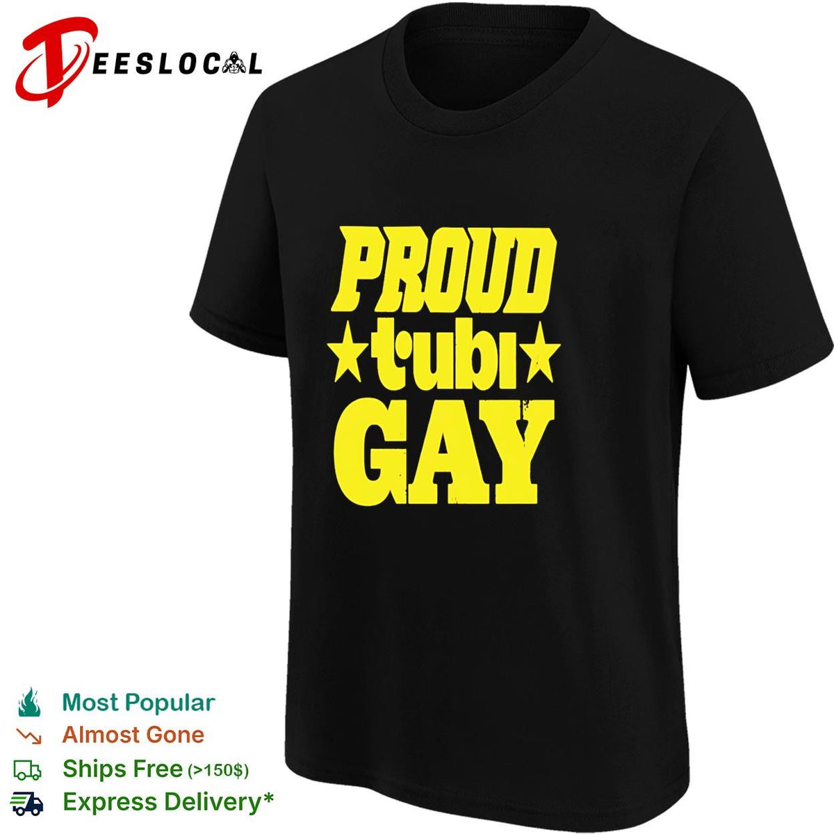 Proud Tubi gay bold yellow lettering with stars text pride graphic shirt