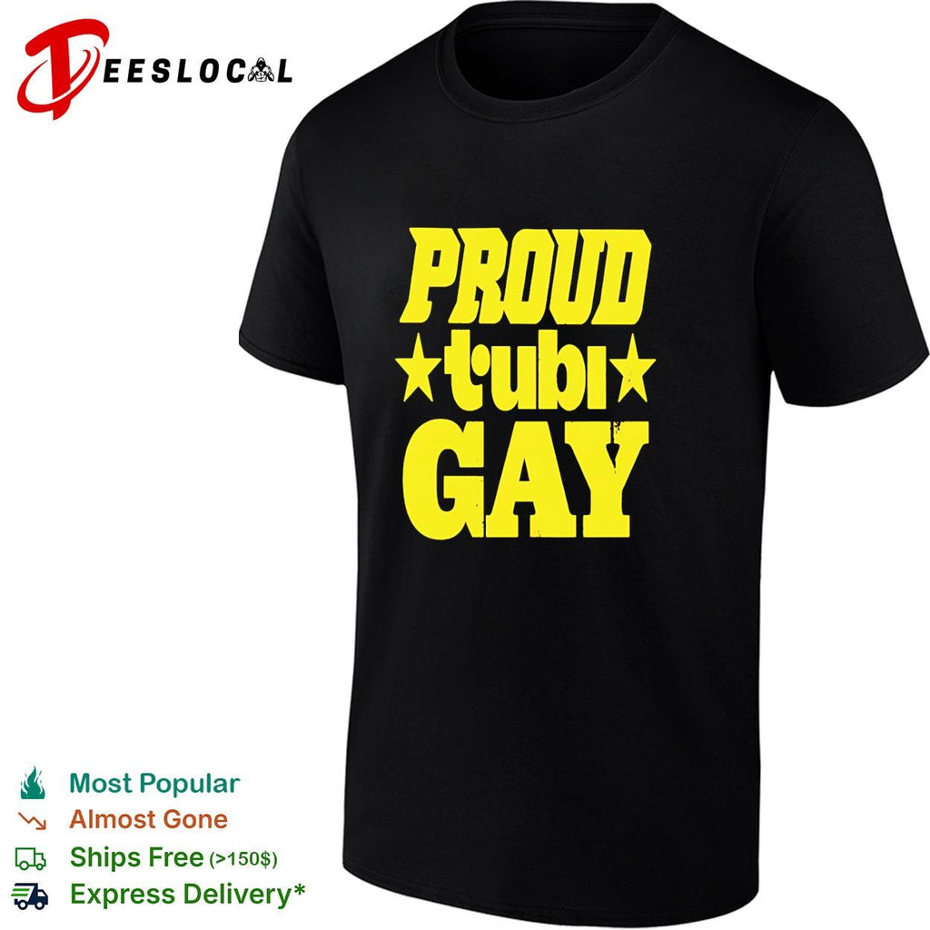 Proud Tubi gay bold yellow lettering with stars text pride graphic shirt
