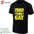 Proud Tubi gay bold yellow lettering with stars text pride graphic shirt