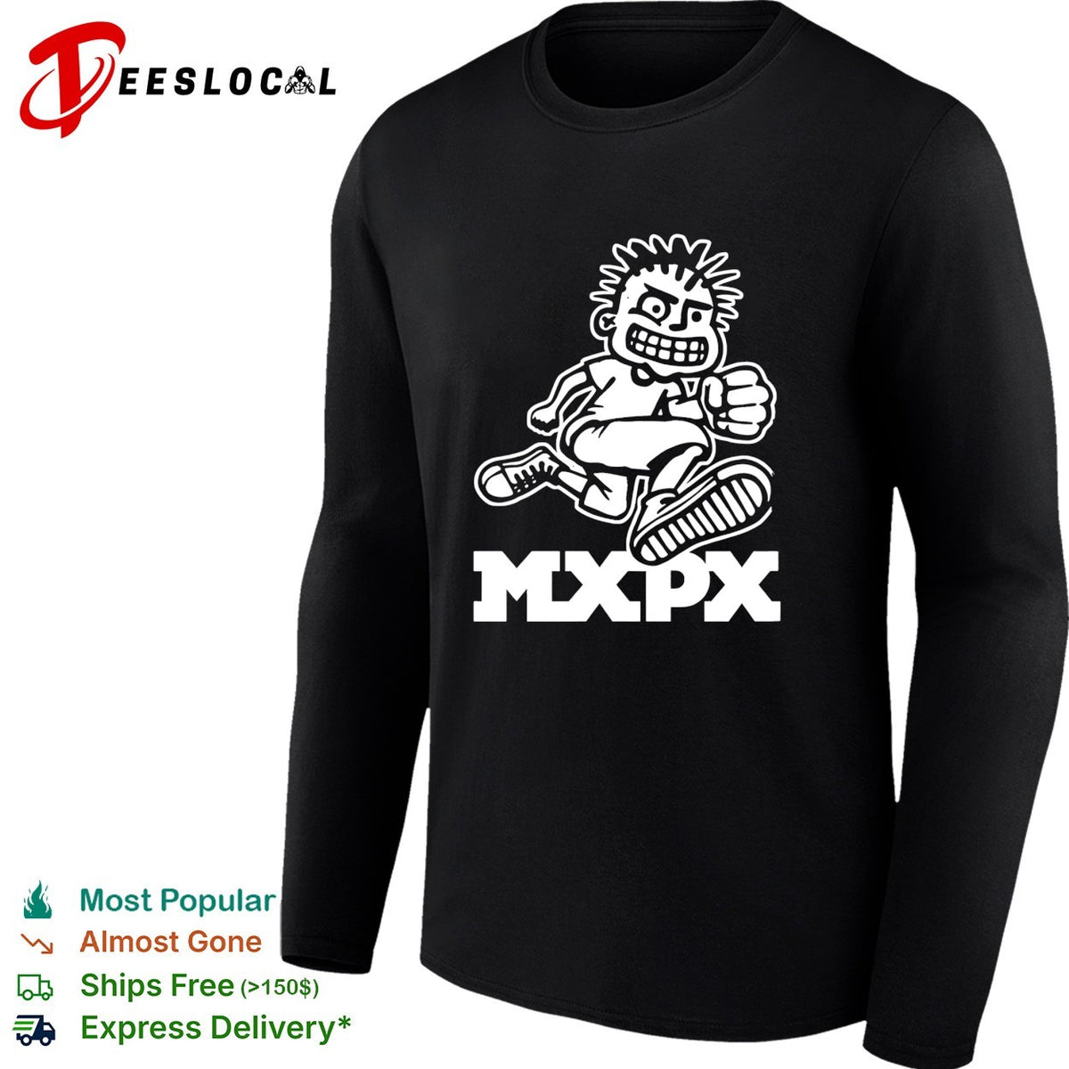 Punk rock cartoon mascot running fist bold band logo art shirt