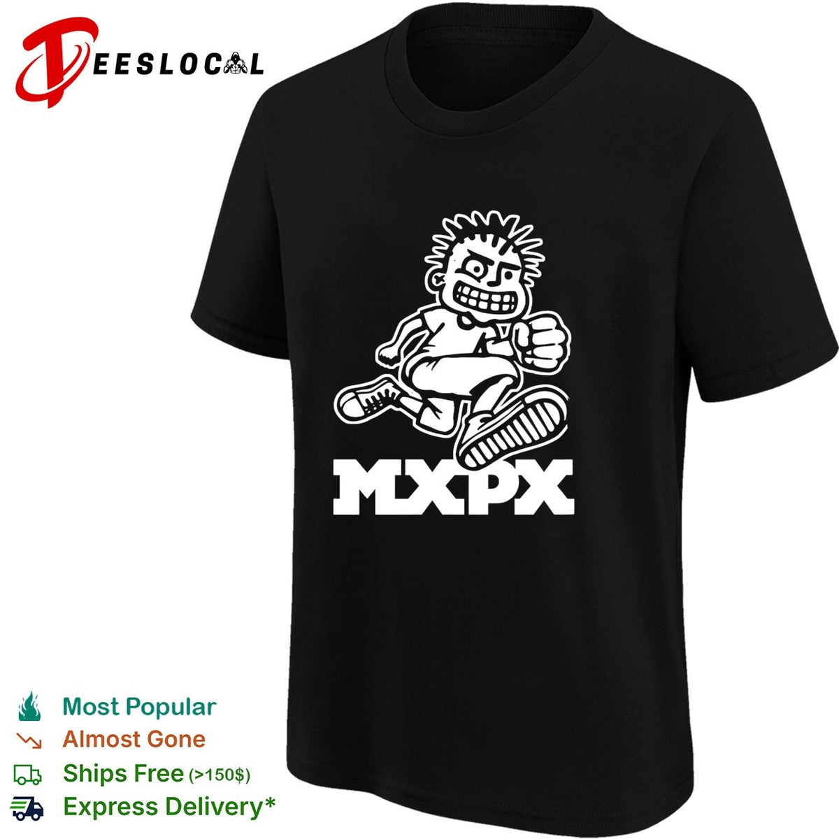 Punk rock cartoon mascot running fist bold band logo art shirt