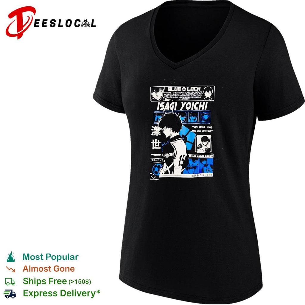 Blue Lock Isagi Yoichi character profile manga panel collage black poster shirt