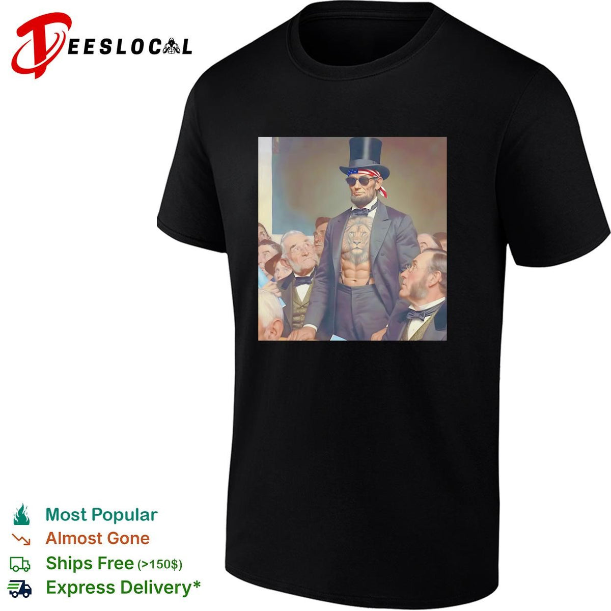 Abraham Lincoln lion chest tattoo top hat and sunglasses portrait graphic shirt
