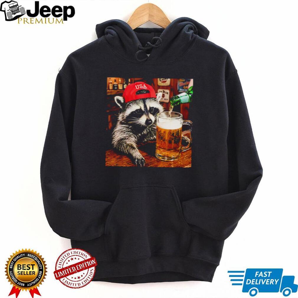 Raccoon Wearing USA Red Hat Drinking Beer Bar Scene T Shirt