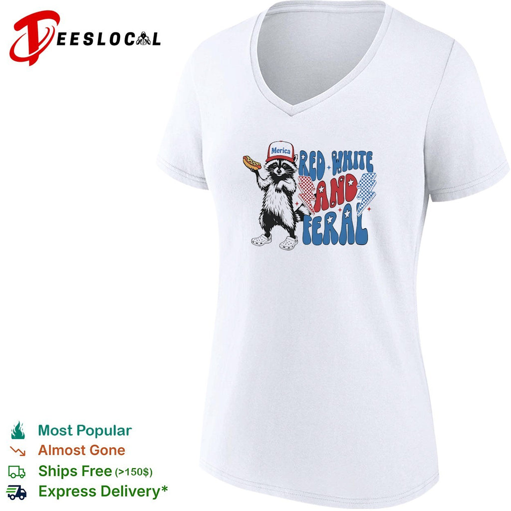 Red white and feral raccoon holding hotdog Merica cap lightning bolts patriotic shirt