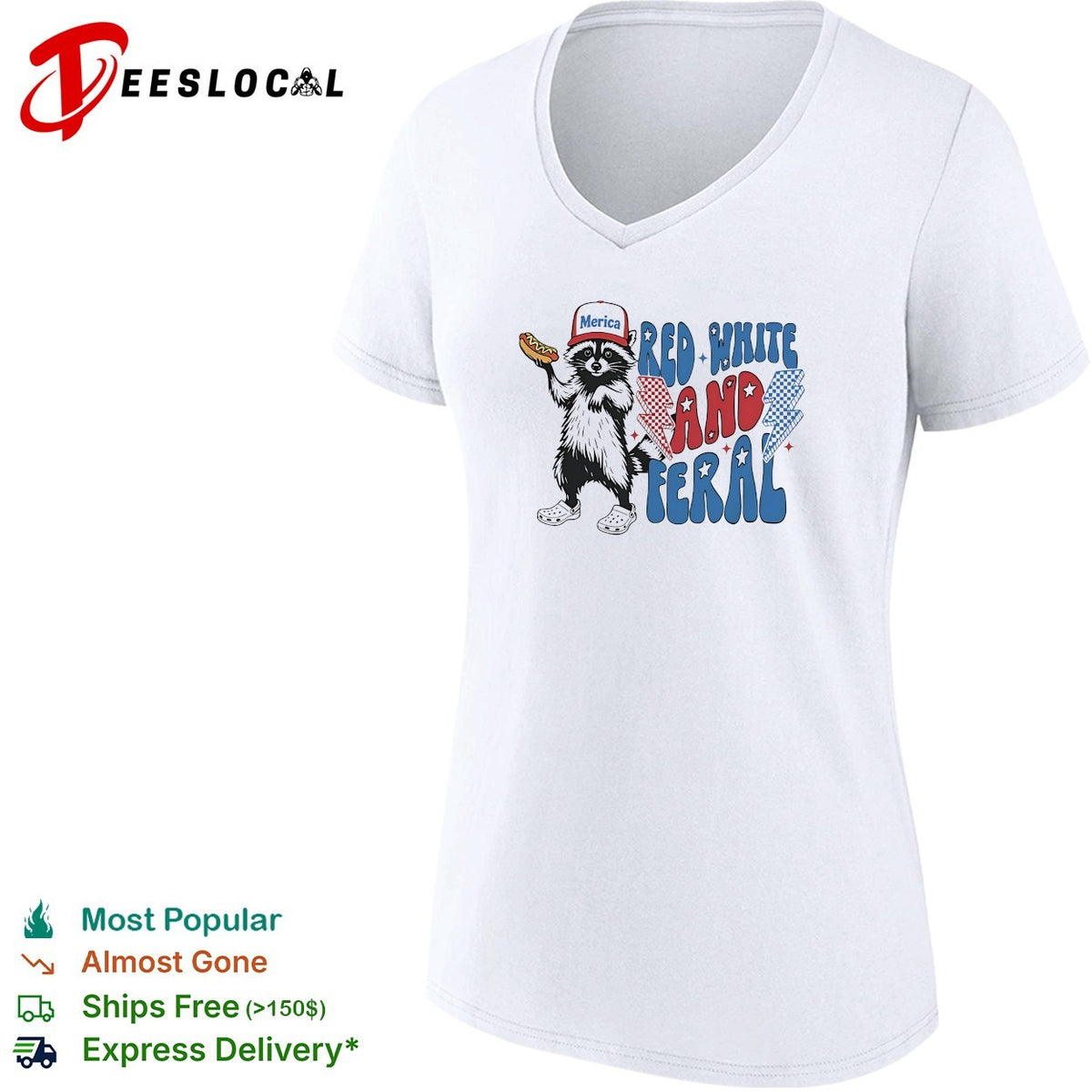Red white and feral raccoon holding hotdog Merica cap lightning bolts patriotic shirt