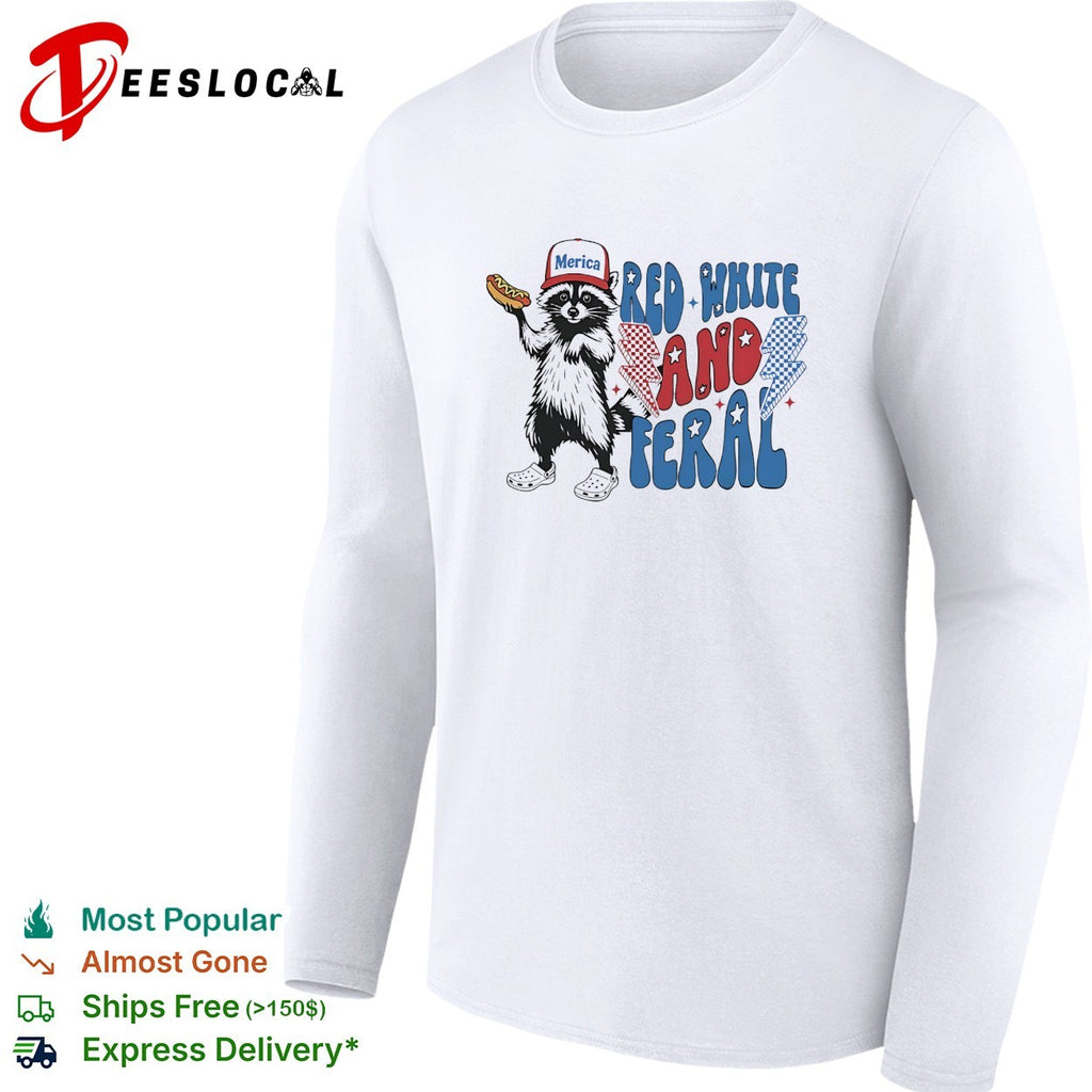 Red white and feral raccoon holding hotdog Merica cap lightning bolts patriotic shirt