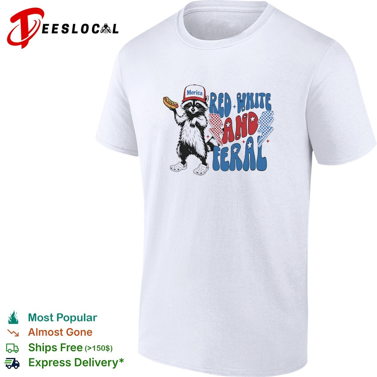 Red white and feral raccoon holding hotdog Merica cap lightning bolts patriotic shirt