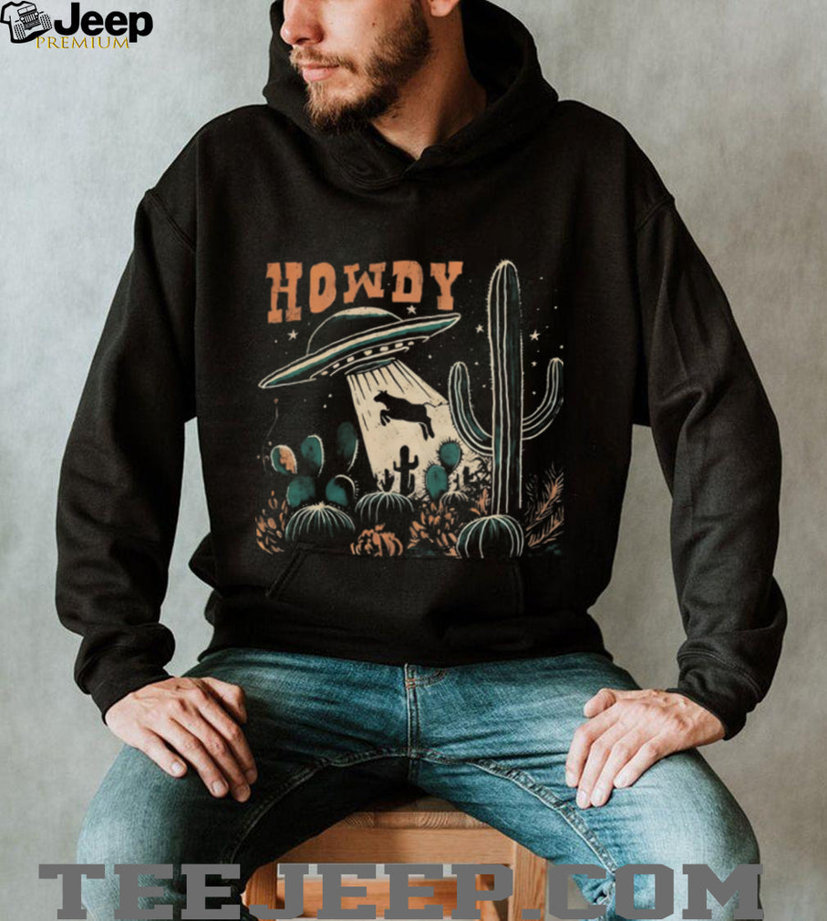 Retro Howdy UFO Alien Cow Abduction Desert Cactus Graphic T Shirt