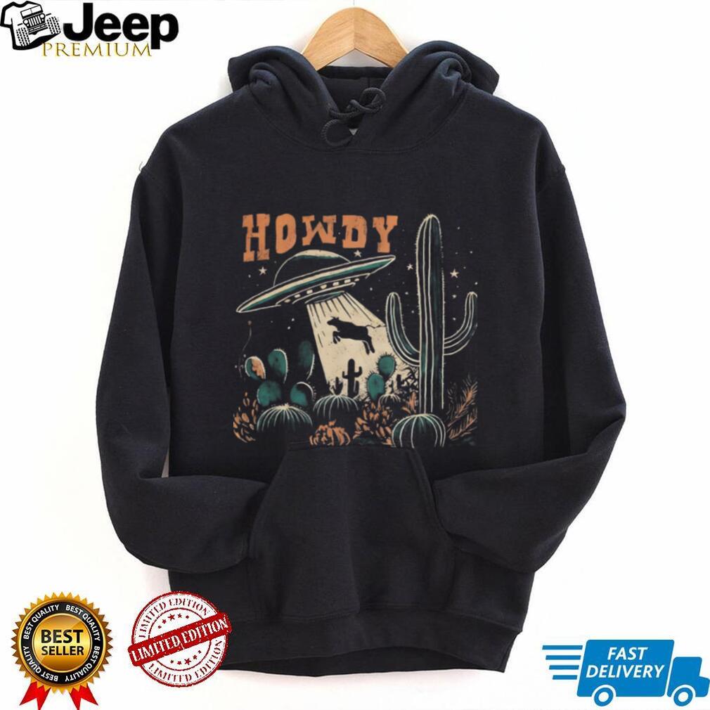 Retro Howdy UFO Alien Cow Abduction Desert Cactus Graphic T Shirt