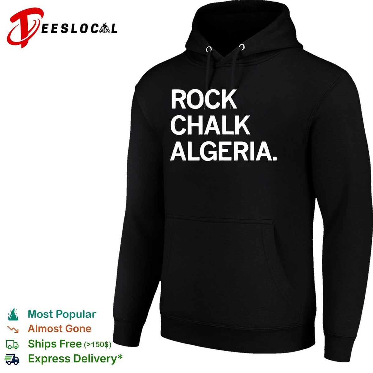 Rock Chalk Algeria bold green and white college chant style lettering graphic shirt