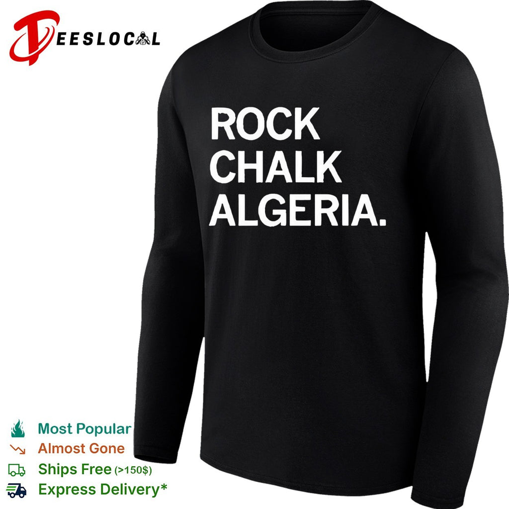 Rock Chalk Algeria bold green and white college chant style lettering graphic shirt
