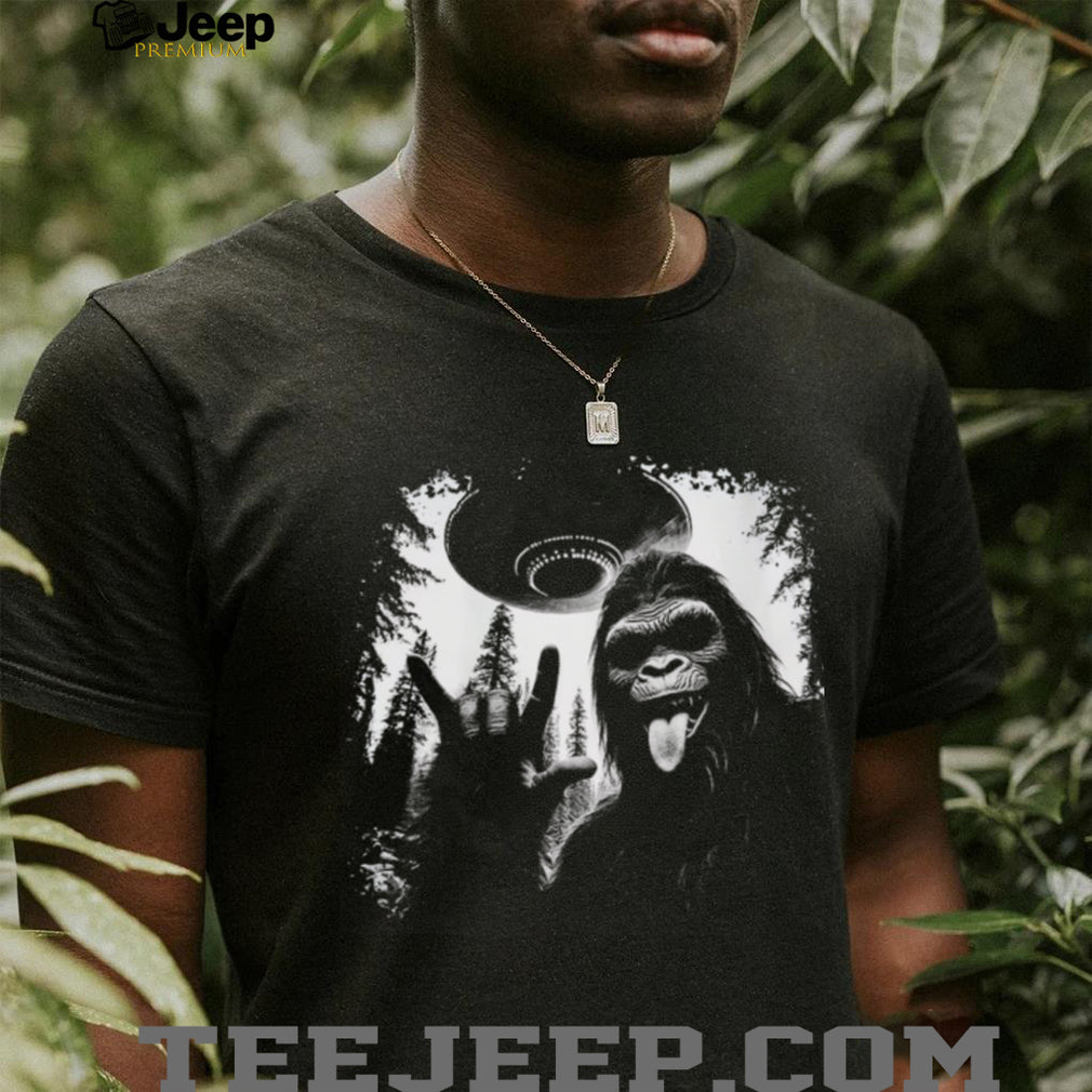 Rock on Bigfoot Sasquatch and UFO Alien Mothership Graphic T Shirt