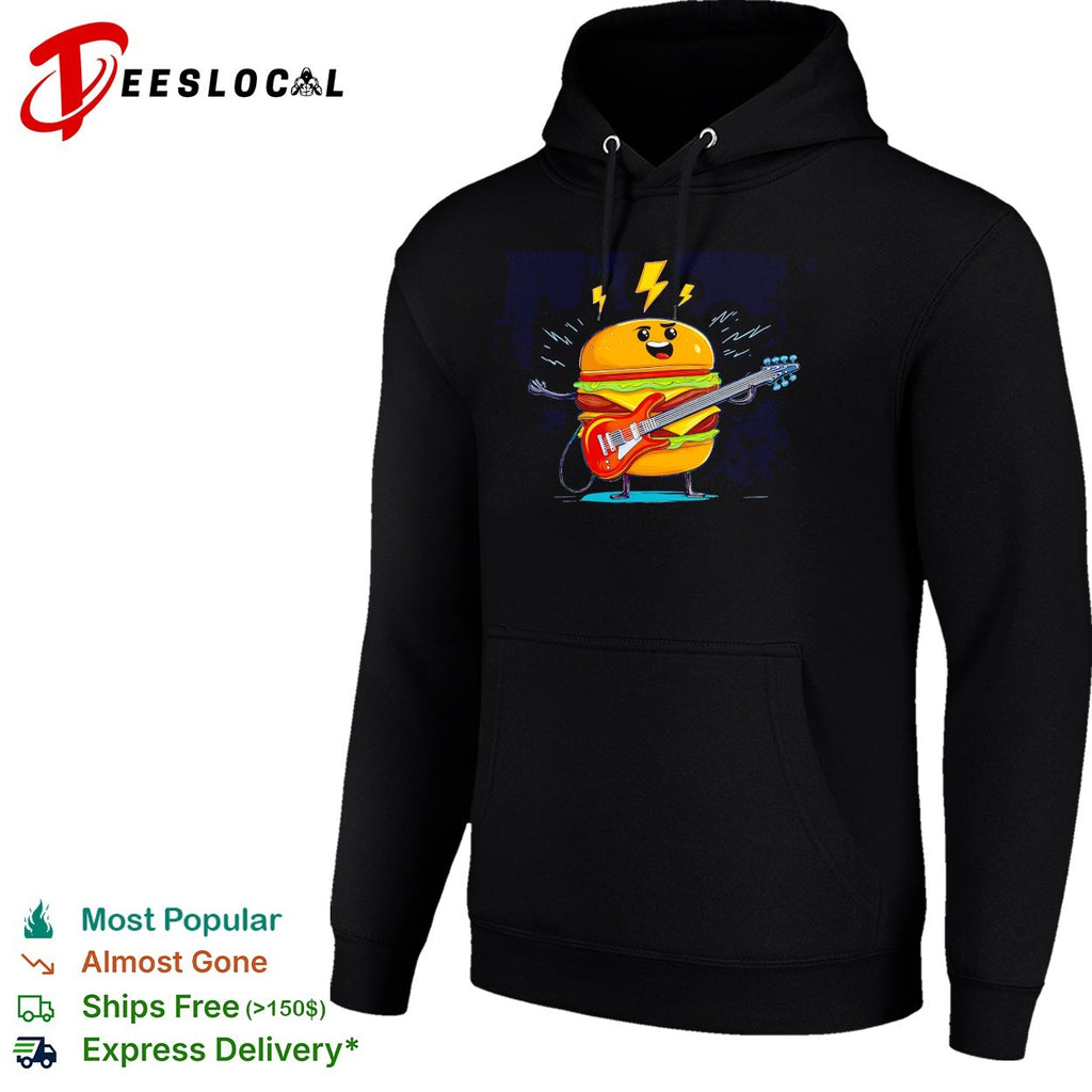 Rock star cheeseburger electric guitar lightning bolts cartoon art shirt