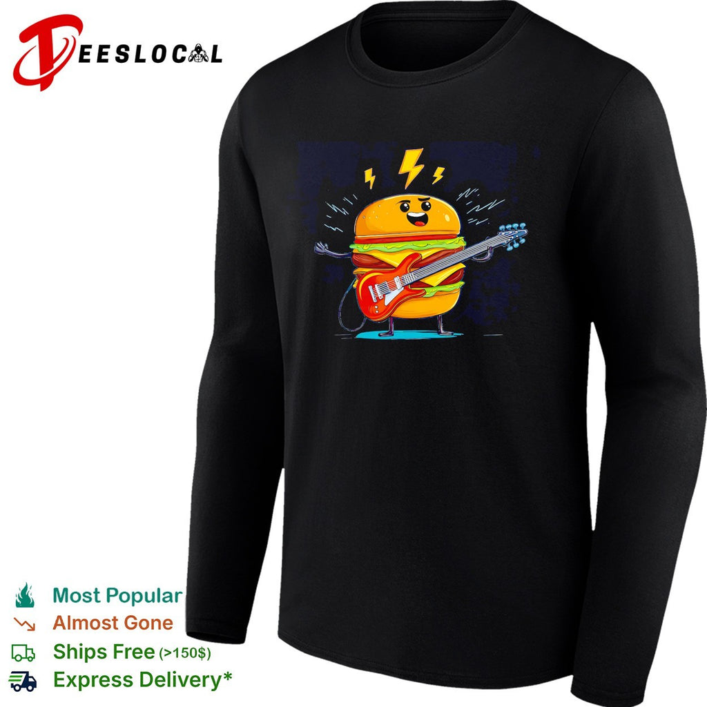 Rock star cheeseburger electric guitar lightning bolts cartoon art shirt