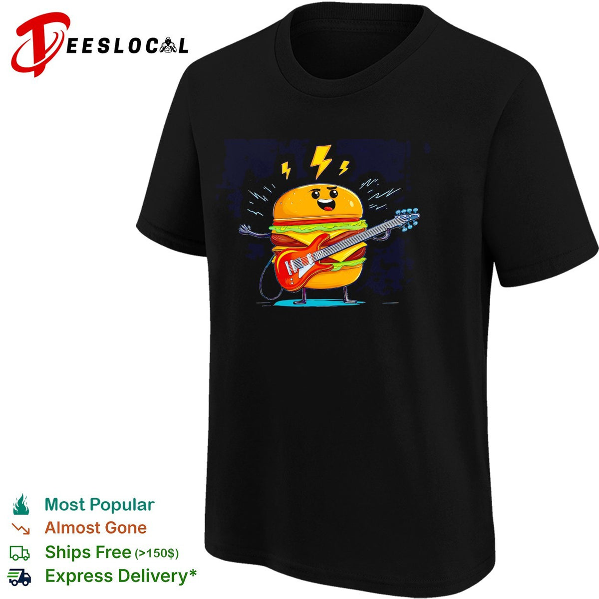 Rock star cheeseburger electric guitar lightning bolts cartoon art shirt
