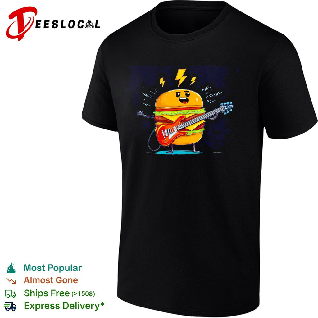 Rock star cheeseburger electric guitar lightning bolts cartoon art shirt