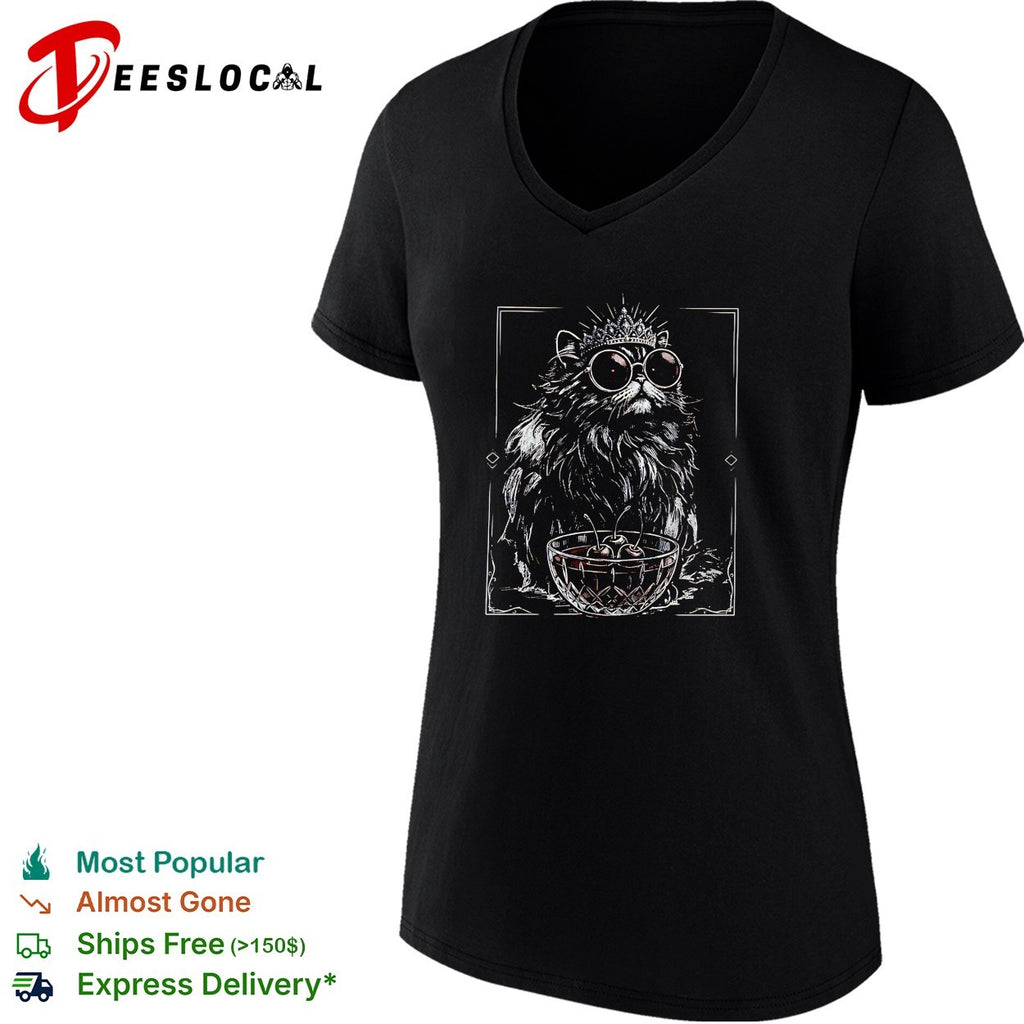 Royal Crown Cat with Cherries in a Bowl Illustration Dark Aesthetic Print shirt