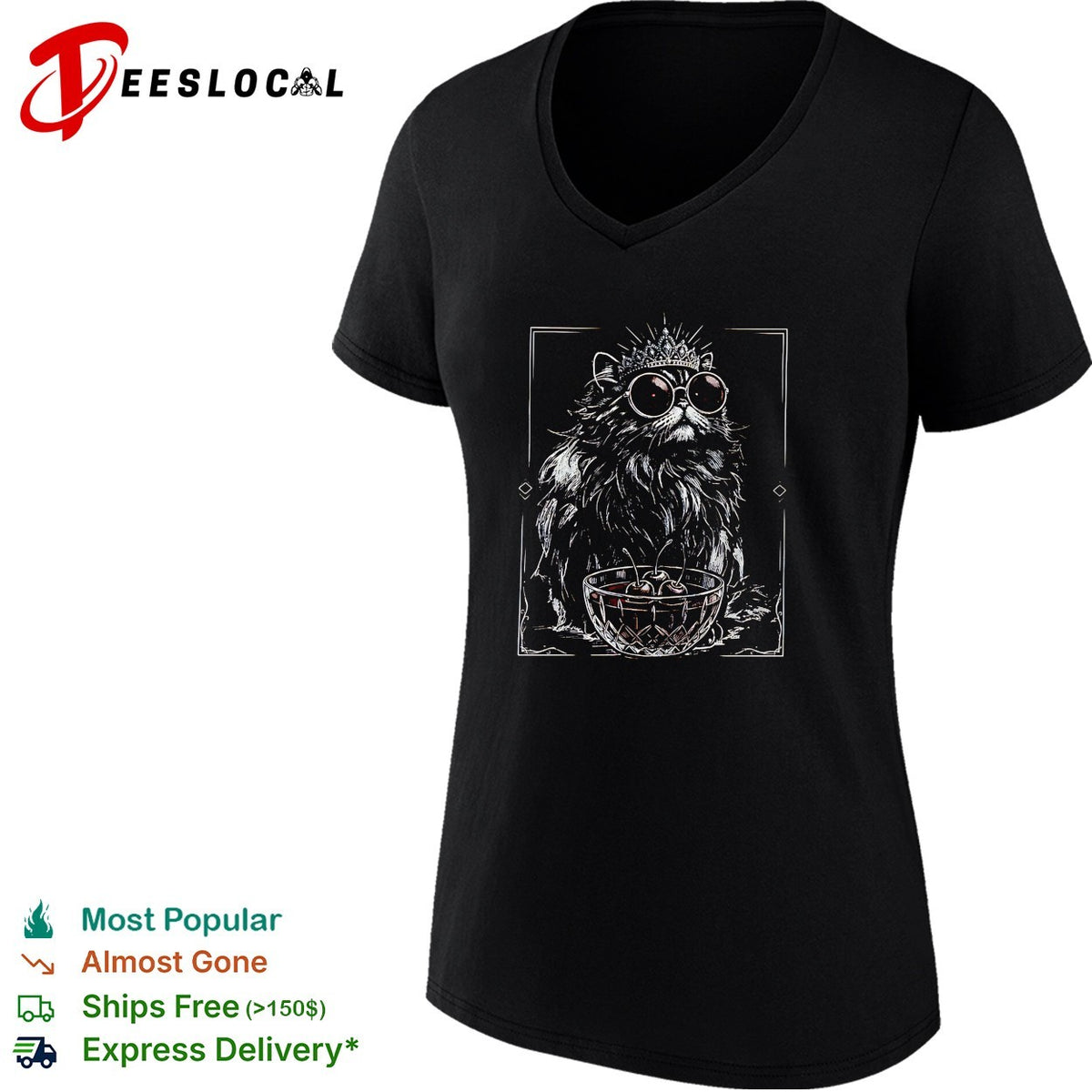 Royal Crown Cat with Cherries in a Bowl Illustration Dark Aesthetic Print shirt