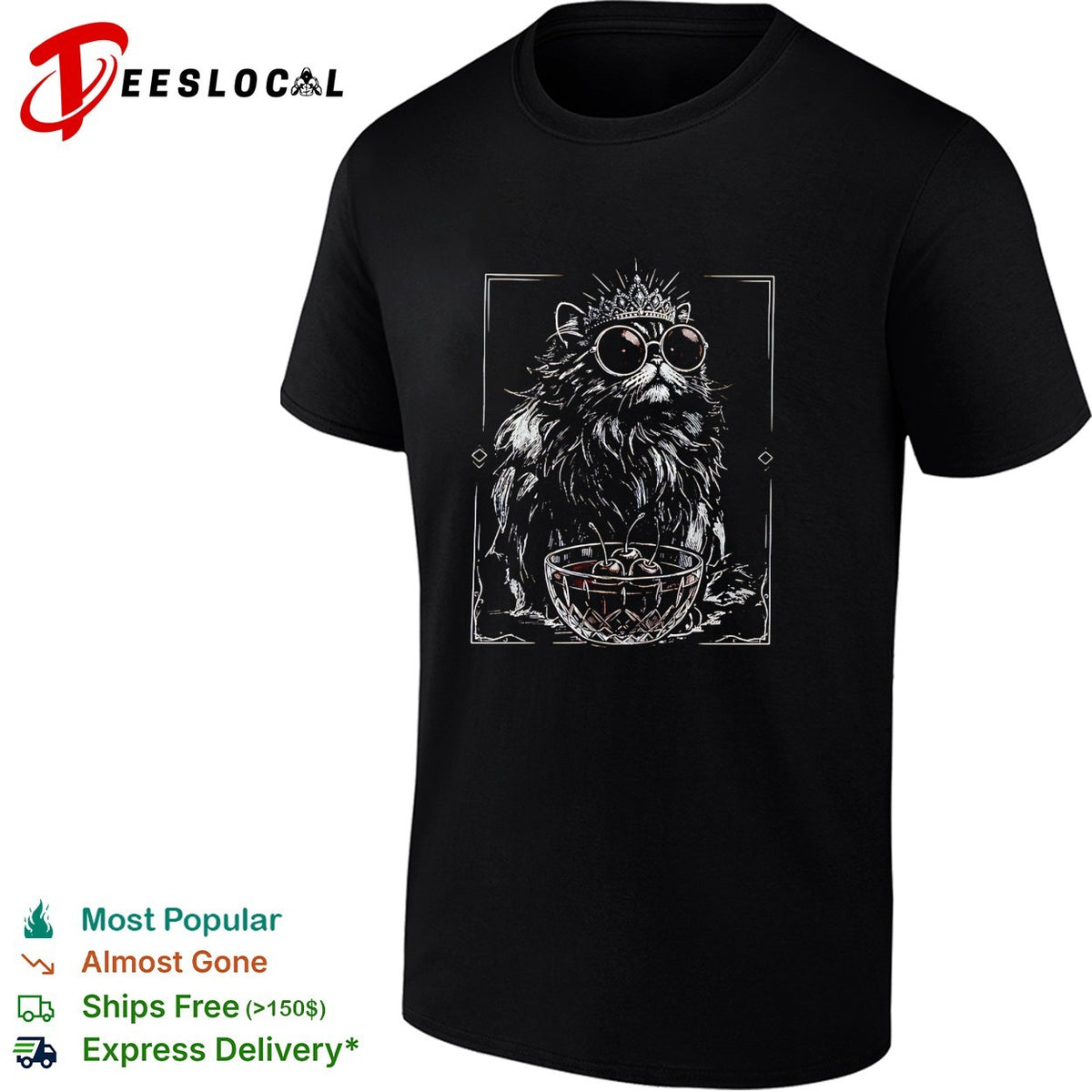 Royal Crown Cat with Cherries in a Bowl Illustration Dark Aesthetic Print shirt