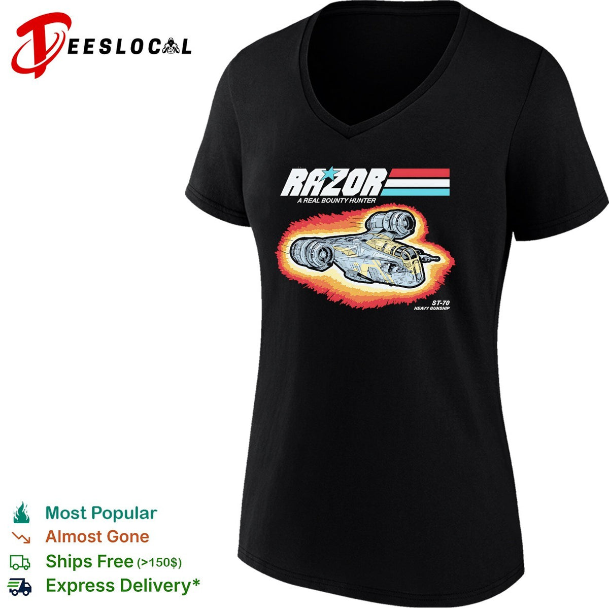 ST 70 a Real Hunter Ship Bounty Hunter Ship Din Djarin’s Razor Crest in the style of GI Joe shirt