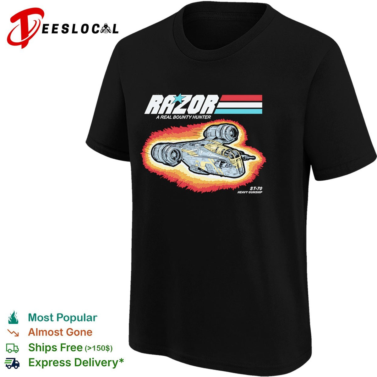 ST 70 a Real Hunter Ship Bounty Hunter Ship Din Djarin’s Razor Crest in the style of GI Joe shirt