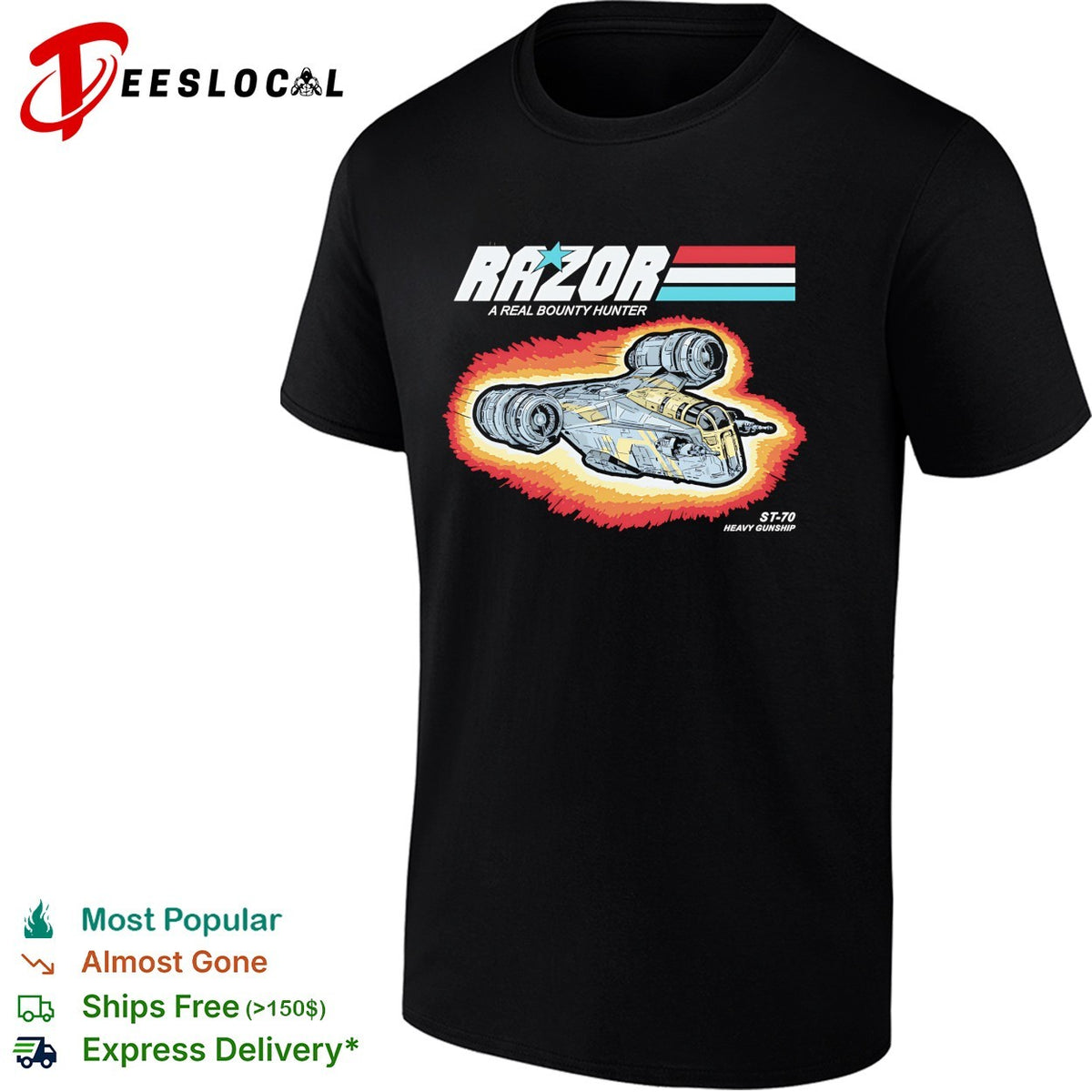 ST 70 a Real Hunter Ship Bounty Hunter Ship Din Djarin’s Razor Crest in the style of GI Joe shirt