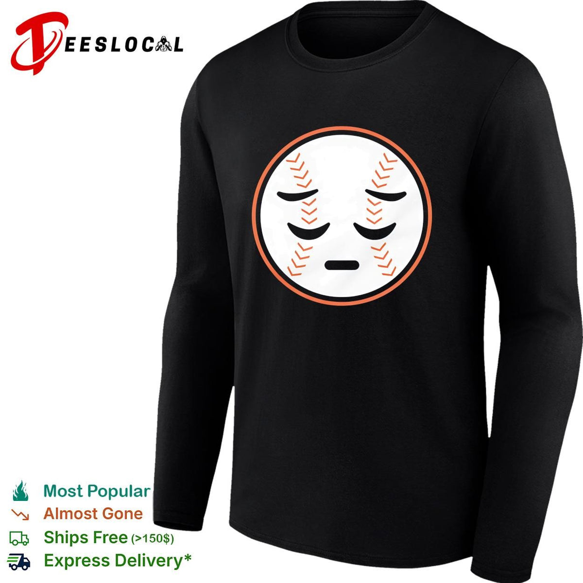Sad face baseball emoji blue orange graphic shirt