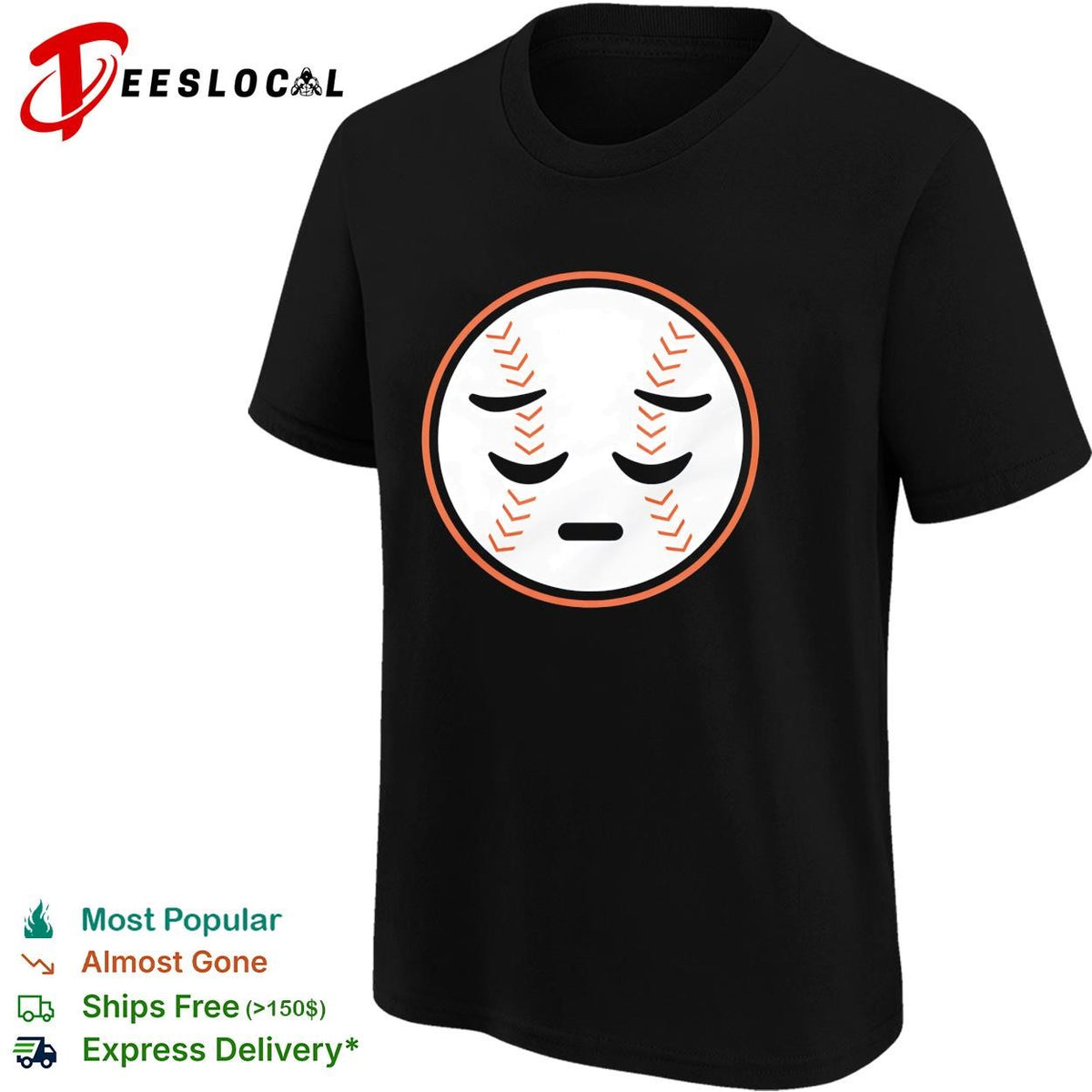 Sad face baseball emoji blue orange graphic shirt