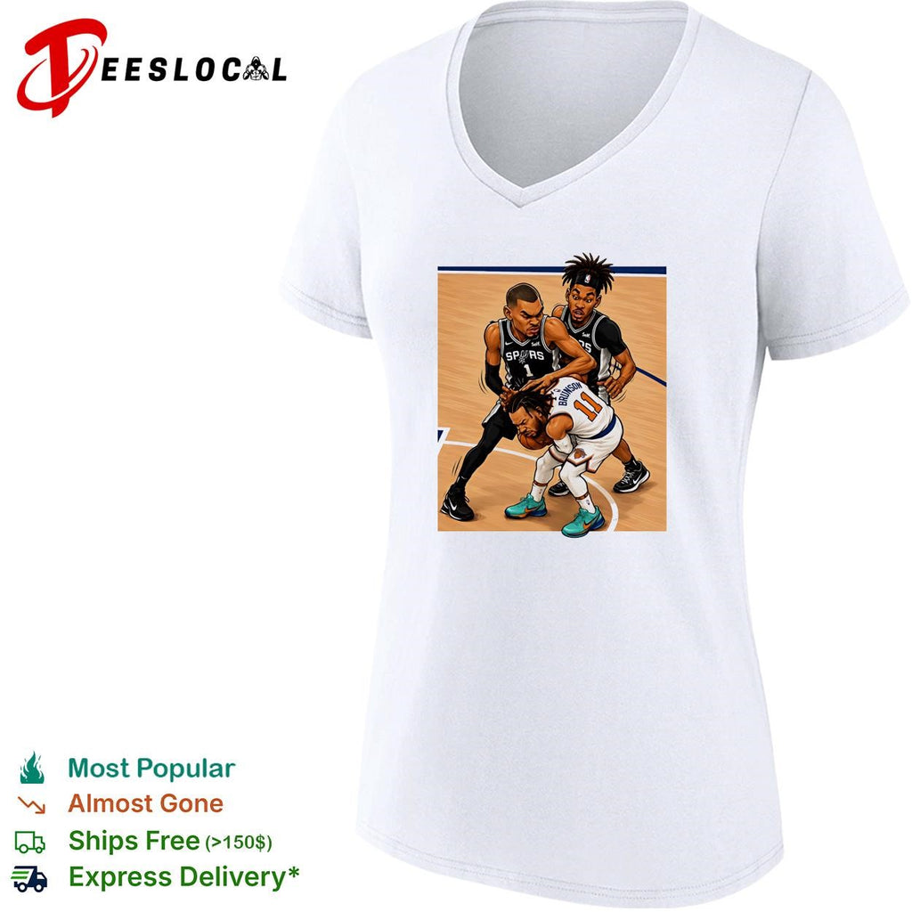 San Antonio Spurs Wembanyama defending Brunson basketball action illustration shirt