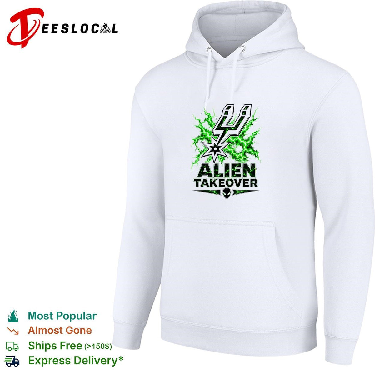 San Antonio Spurs alien takeover logo green lightning white shirt