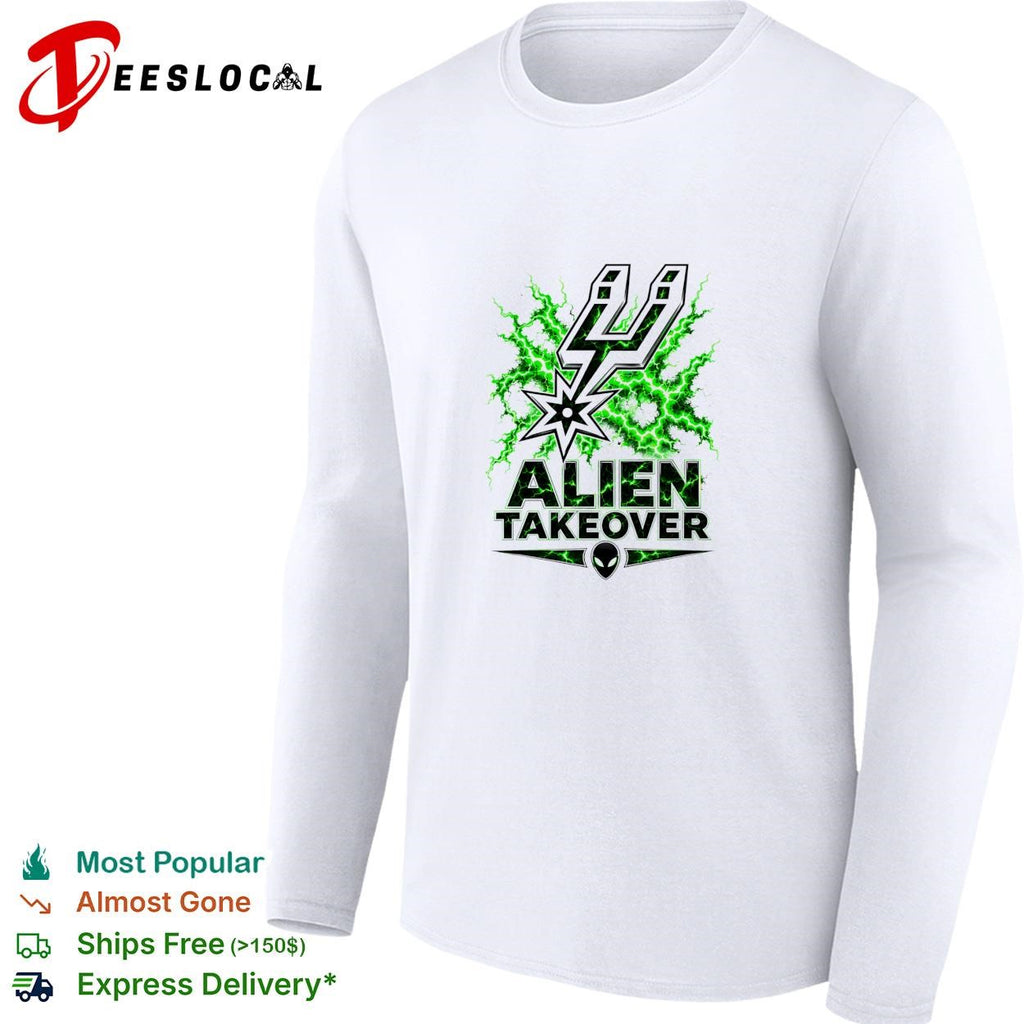San Antonio Spurs alien takeover logo green lightning white shirt