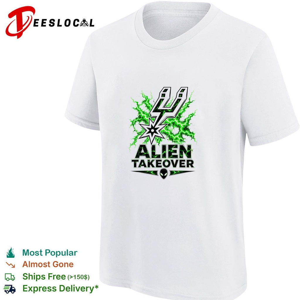 San Antonio Spurs alien takeover logo green lightning white shirt