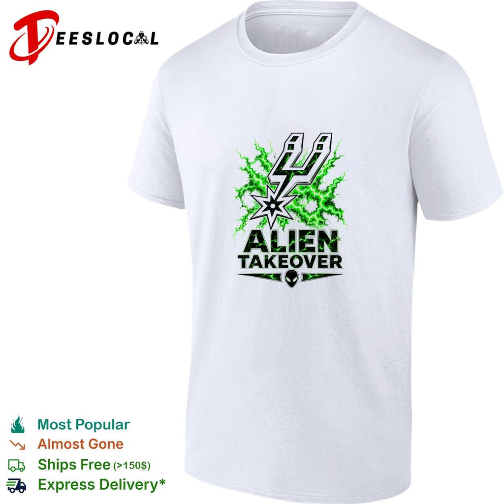 San Antonio Spurs alien takeover logo green lightning white shirt