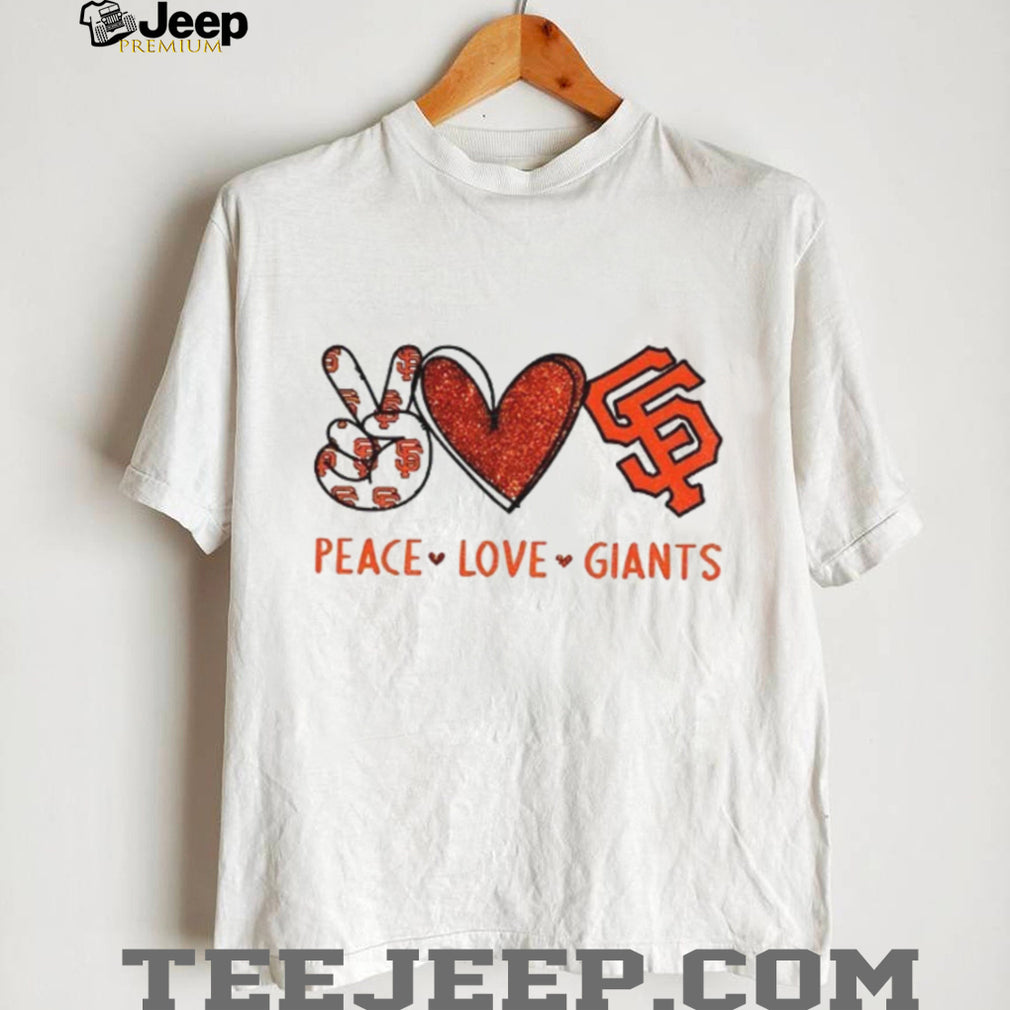 San Francisco Giants Peace Love Giants Red Glitter Baseball T shirt